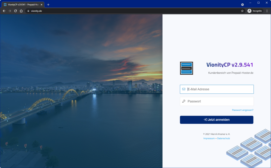 Vionity Control Panel Login Das Bild zeigt den Login-Bereich des Vionity Control Panels von Prepaid-Hoster